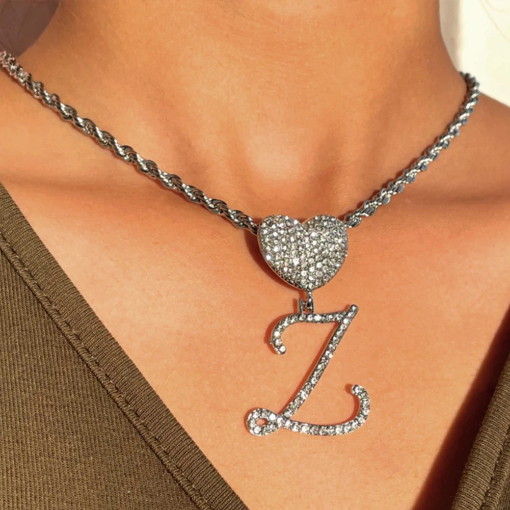 6– New A-Z Cursive Letter Heart Pendant Iced Out Cuban Necklace For Women Initial Zircon Link Chain Necklace Choker Hip hop Jewelry