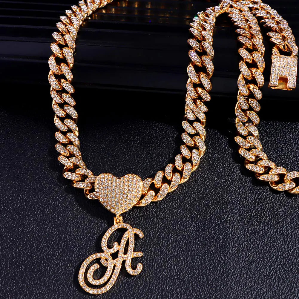 6– New A-Z Cursive Letter Heart Pendant Iced Out Cuban Necklace For Women Initial Zircon Link Chain Necklace Choker Hip hop Jewelry