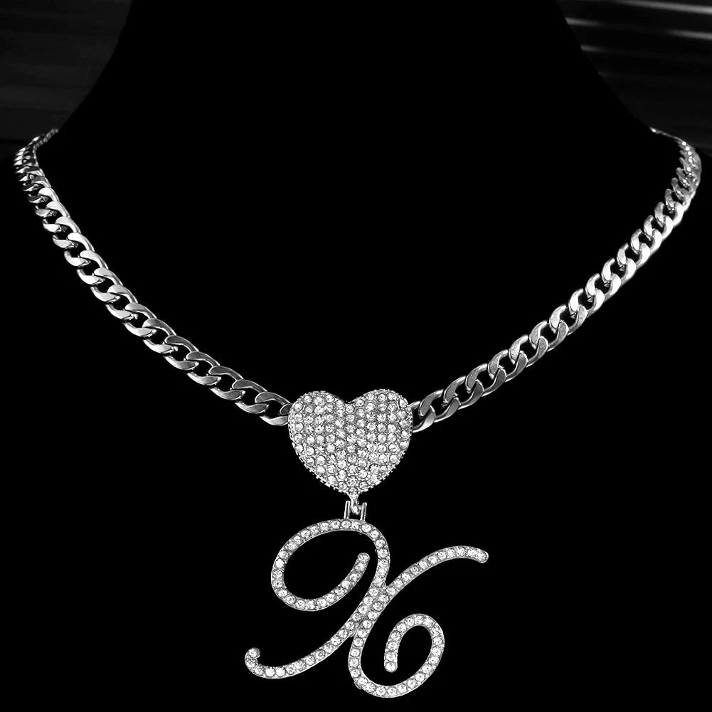 6– New A-Z Cursive Letter Heart Pendant Iced Out Cuban Necklace For Women Initial Zircon Link Chain Necklace Choker Hip hop Jewelry