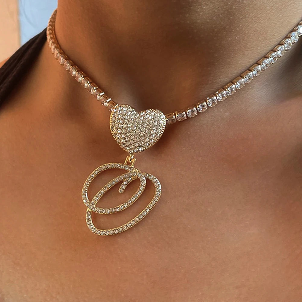 6– New A-Z Cursive Letter Heart Pendant Iced Out Cuban Necklace For Women Initial Zircon Link Chain Necklace Choker Hip hop Jewelry