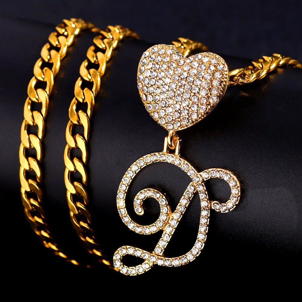 6– New A-Z Cursive Letter Heart Pendant Iced Out Cuban Necklace For Women Initial Zircon Link Chain Necklace Choker Hip hop Jewelry