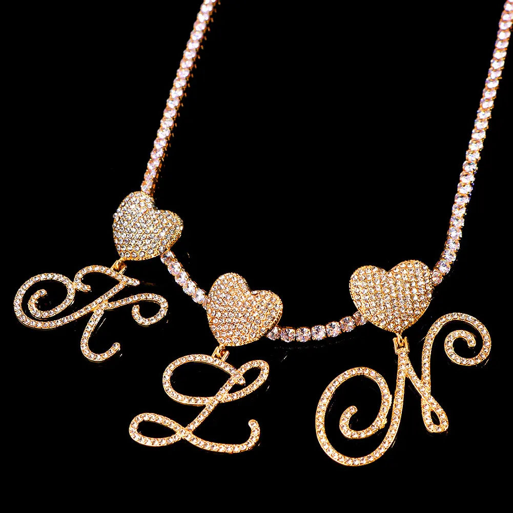 6– New A-Z Cursive Letter Heart Pendant Iced Out Cuban Necklace For Women Initial Zircon Link Chain Necklace Choker Hip hop Jewelry