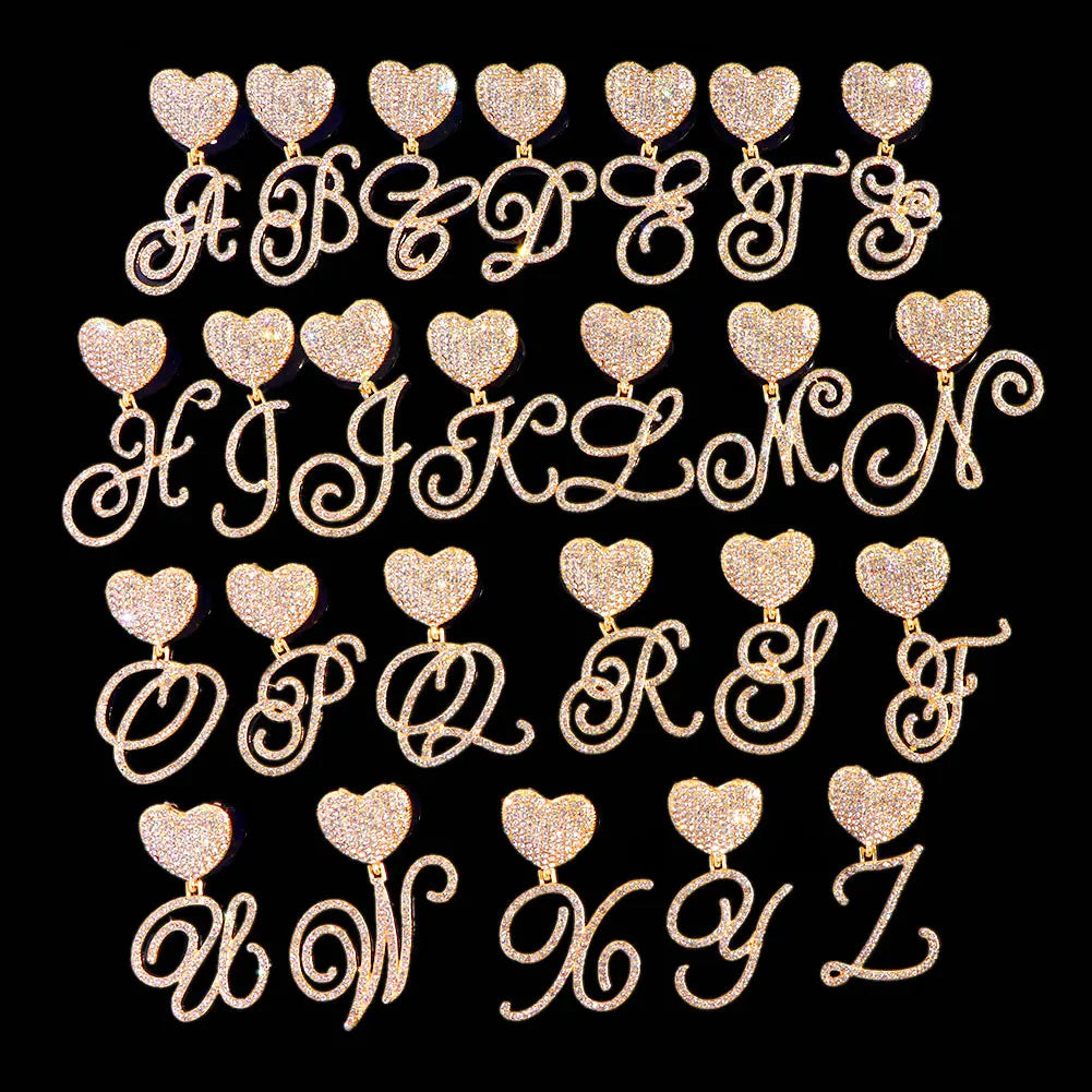 6– New A-Z Cursive Letter Heart Pendant Iced Out Cuban Necklace For Women Initial Zircon Link Chain Necklace Choker Hip hop Jewelry