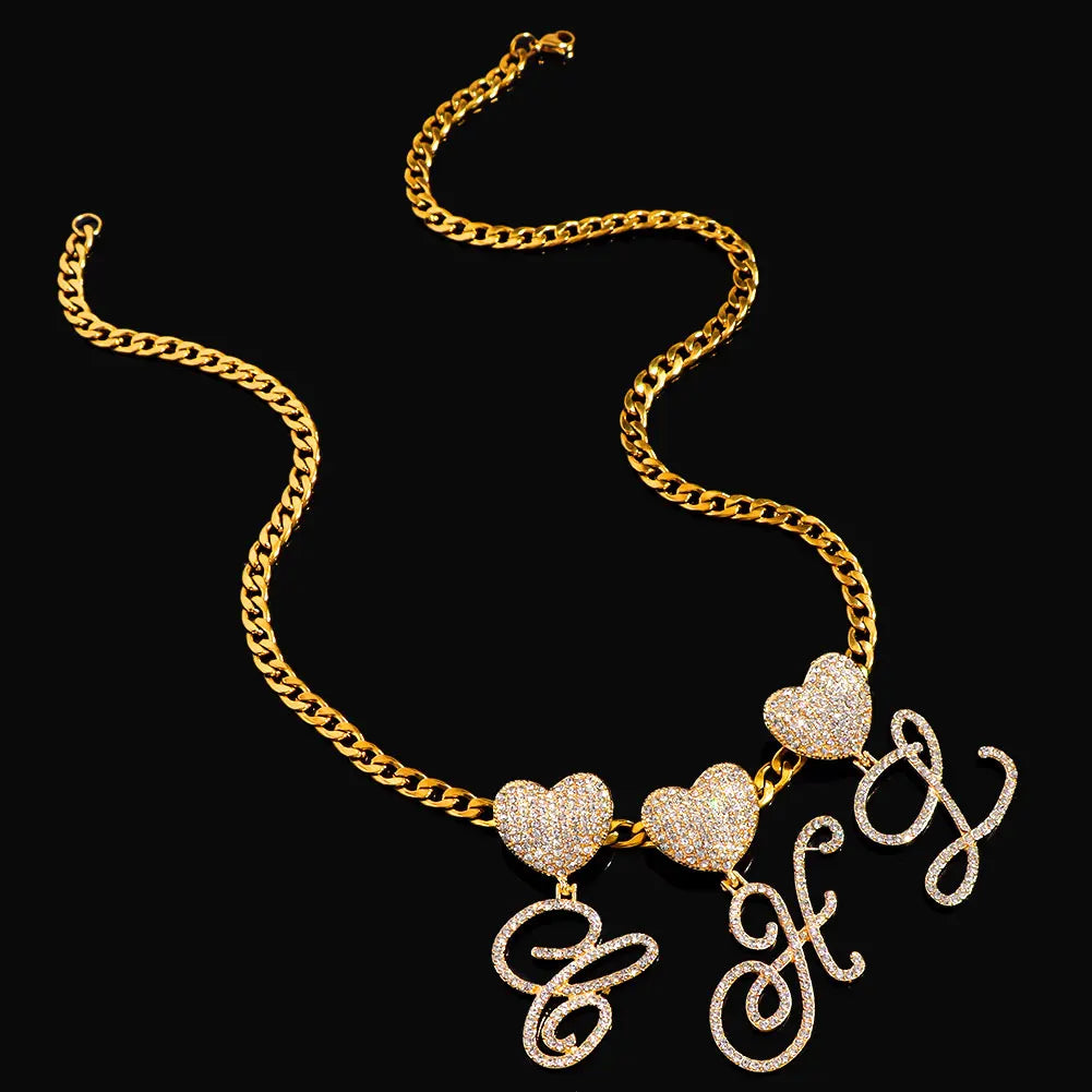 6– New A-Z Cursive Letter Heart Pendant Iced Out Cuban Necklace For Women Initial Zircon Link Chain Necklace Choker Hip hop Jewelry