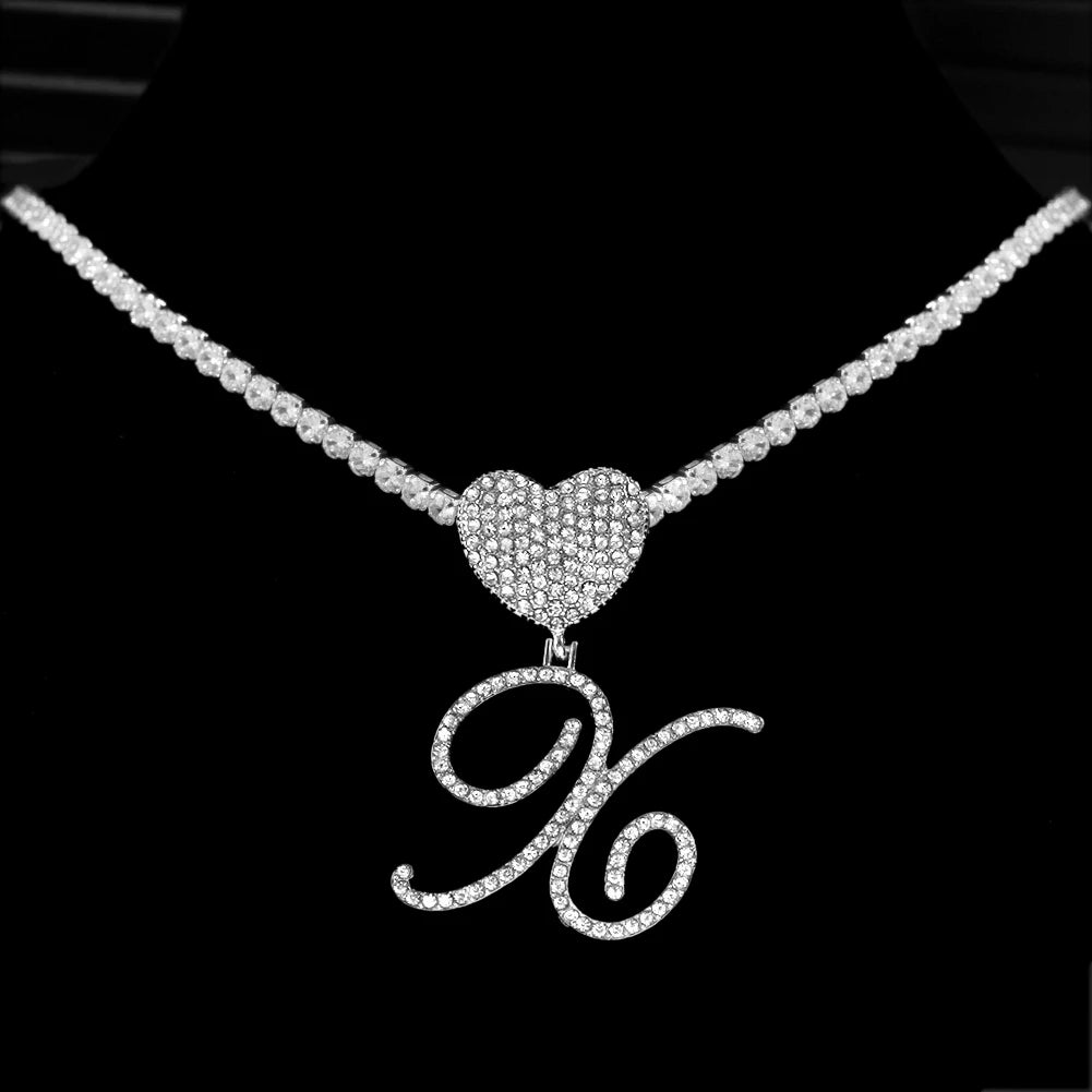 6– New A-Z Cursive Letter Heart Pendant Iced Out Cuban Necklace For Women Initial Zircon Link Chain Necklace Choker Hip hop Jewelry