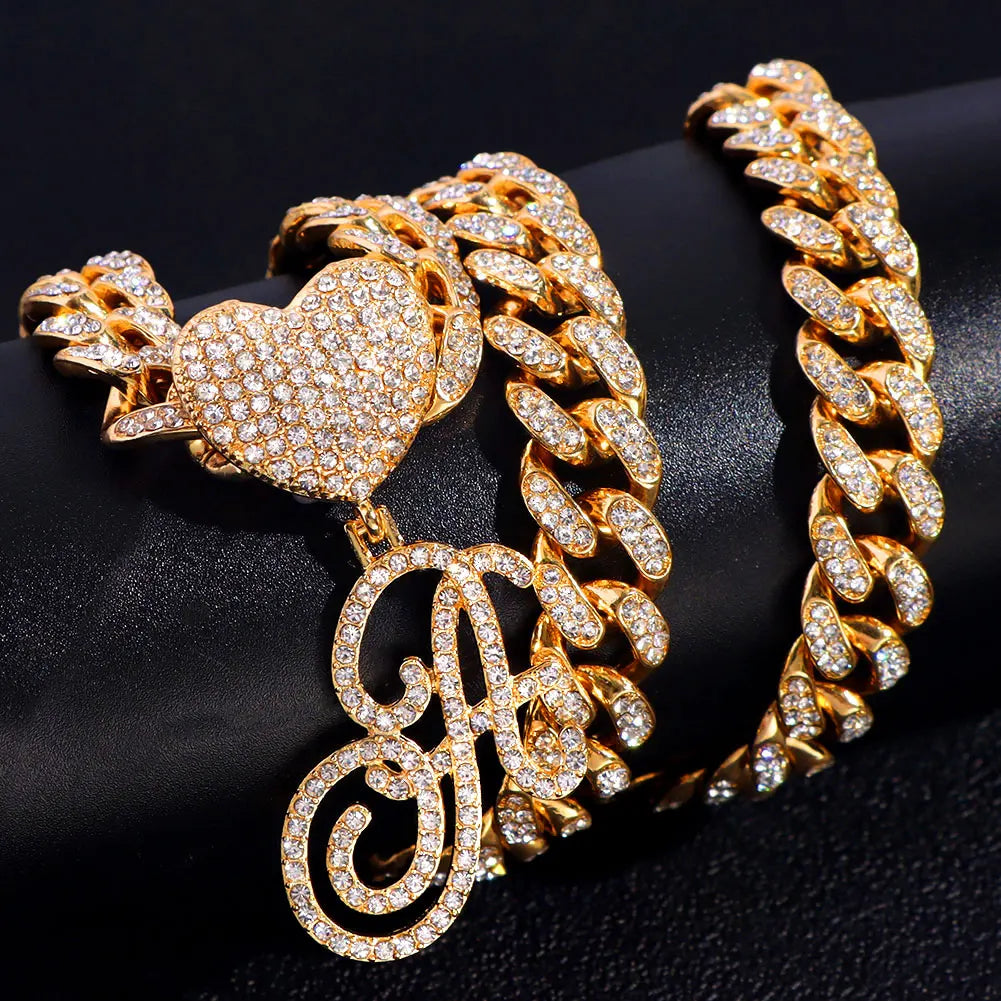 6– New A-Z Cursive Letter Heart Pendant Iced Out Cuban Necklace For Women Initial Zircon Link Chain Necklace Choker Hip hop Jewelry