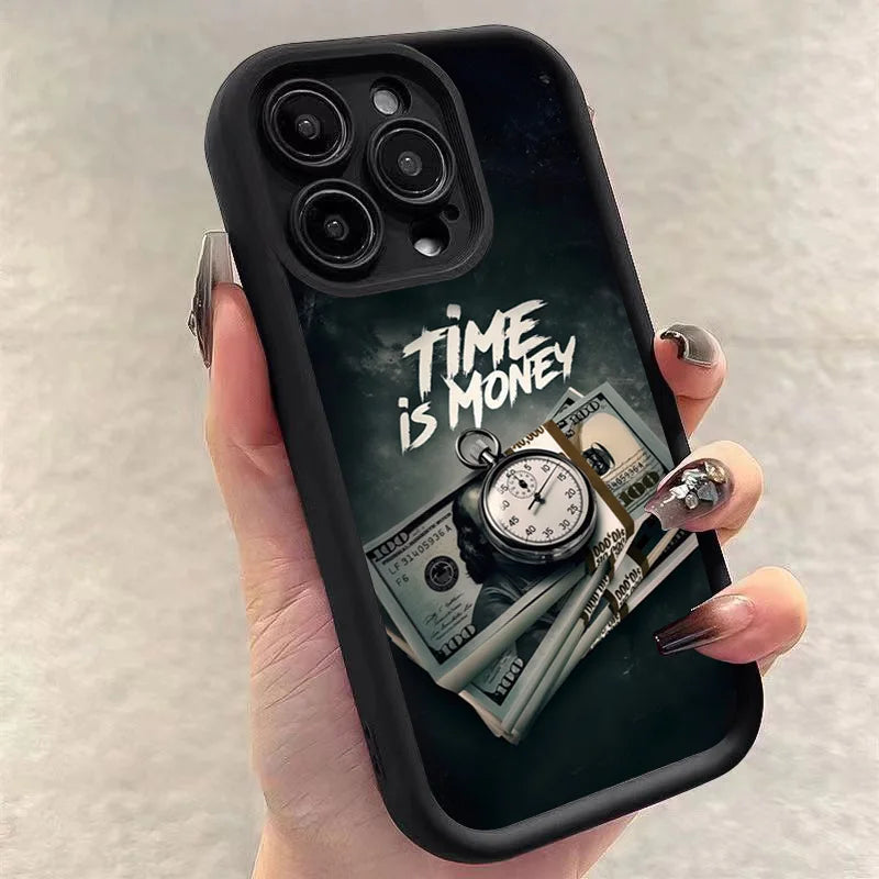 Luxury Phone Case For iPhone 16 15 14 12 11 13 Pro Max Time is Money Printed Soft Cover For iPhone 7 8 15 16 Plus X XS Case