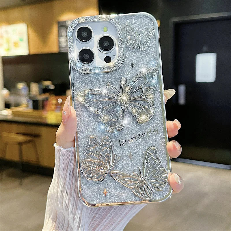 Luxury 3D Glitter Diamond Butterfly Gradient Plating Phone Case For iPhone 16 14 15 13 12 11 Pro Max Plus Shockproof Back Cover