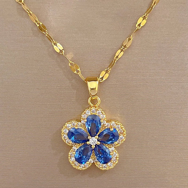 1– Stainless Steel Cherry Flower Pendant Necklace Earrings Ear Sets Wedding Bridal Cubic Zirconia Crystal Jewelry Sets Wholesale
