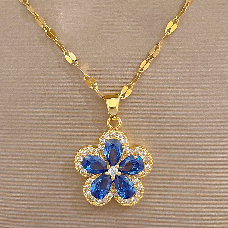 1– Stainless Steel Cherry Flower Pendant Necklace Earrings Ear Sets Wedding Bridal Cubic Zirconia Crystal Jewelry Sets Wholesale