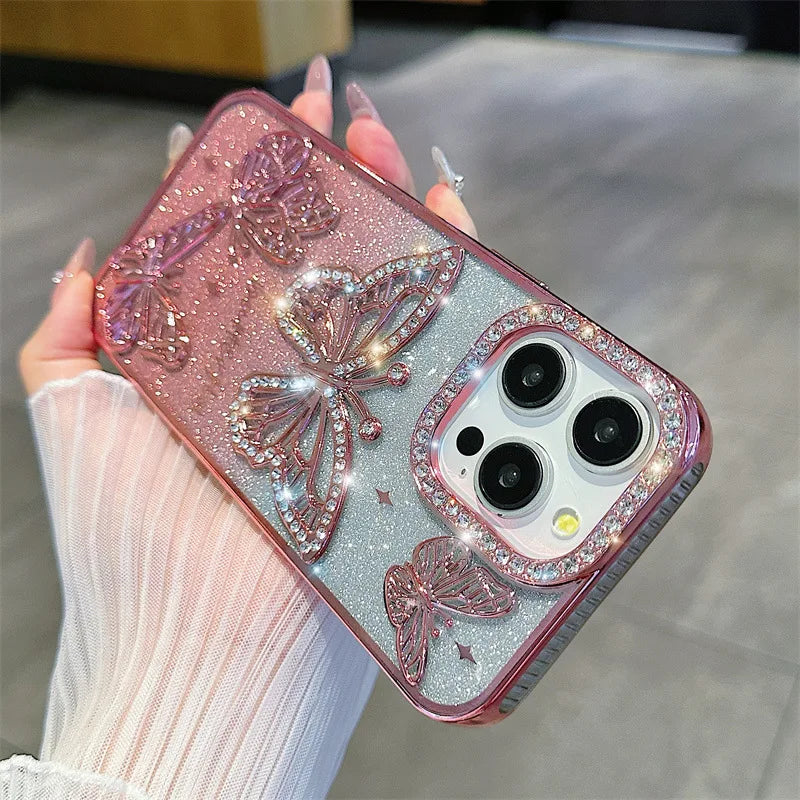 Luxury 3D Glitter Diamond Butterfly Gradient Plating Phone Case For iPhone 16 14 15 13 12 11 Pro Max Plus Shockproof Back Cover