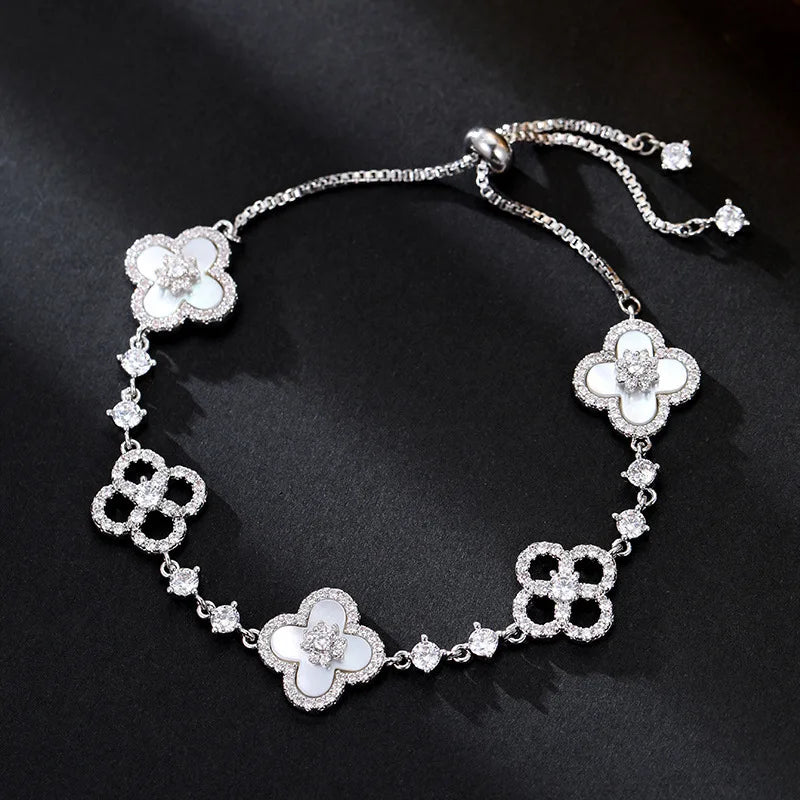 2– Fashion Shell Stone Crystal Pink Mother-Of-Pearl Four-Leaf Clover Bracelet For Women Personalized Vintage Jewelry Accessories