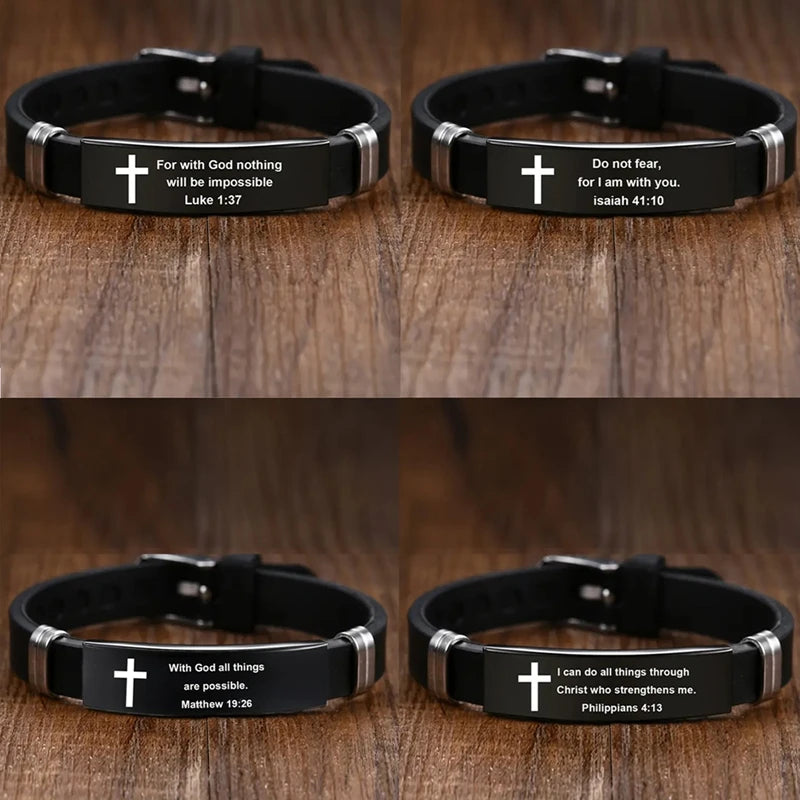 5– Bible Inspirational Words Bracelet Cross Jesus Saint Faith Sports Adjustable Stainless Steel Gifts