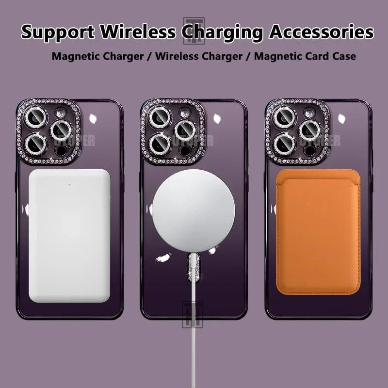 High-grade Glitter Rhinestones Phone Case For iPhone 16 15 11 12 13 14 Pro Max 16 Plus Magsafe Magnetic Clear Lens Protect Cover
