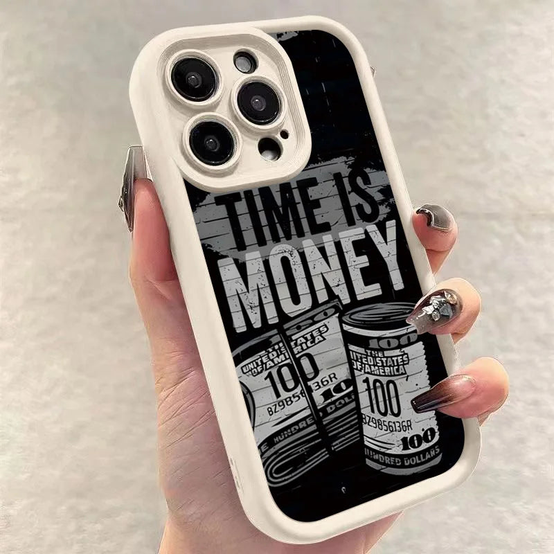 Luxury Phone Case For iPhone 16 15 14 12 11 13 Pro Max Time is Money Printed Soft Cover For iPhone 7 8 15 16 Plus X XS Case