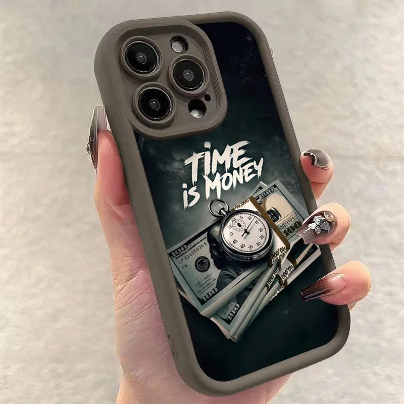 Luxury Phone Case For iPhone 16 15 14 12 11 13 Pro Max Time is Money Printed Soft Cover For iPhone 7 8 15 16 Plus X XS Case