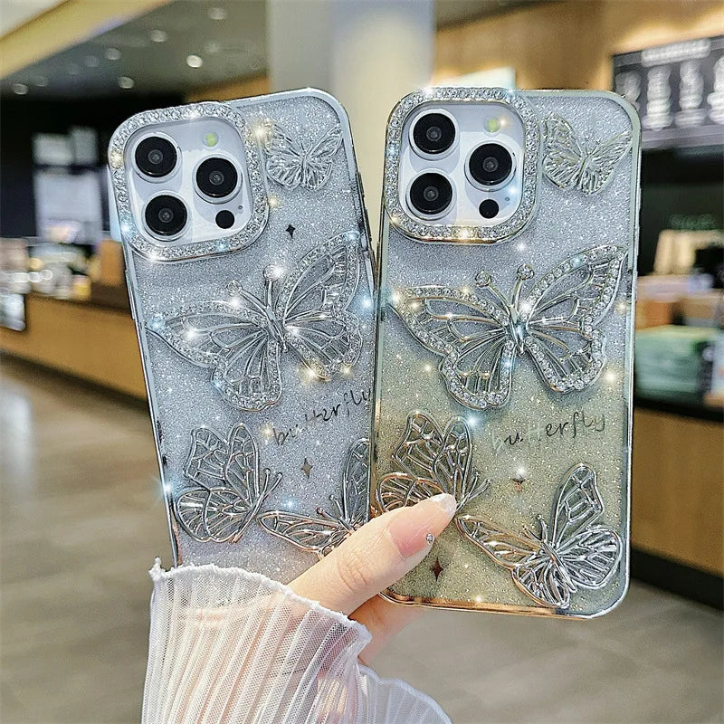 Luxury 3D Glitter Diamond Butterfly Gradient Plating Phone Case For iPhone 16 14 15 13 12 11 Pro Max Plus Shockproof Back Cover