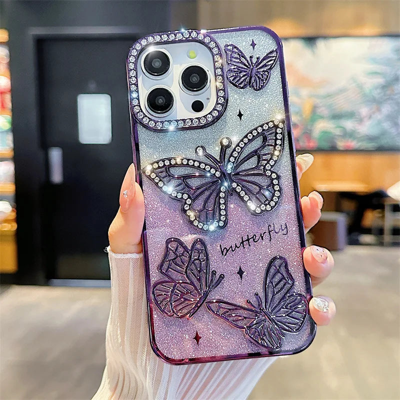Luxury 3D Glitter Diamond Butterfly Gradient Plating Phone Case For iPhone 16 14 15 13 12 11 Pro Max Plus Shockproof Back Cover
