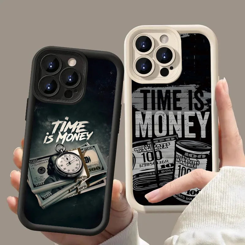 Luxury Phone Case For iPhone 16 15 14 12 11 13 Pro Max Time is Money Printed Soft Cover For iPhone 7 8 15 16 Plus X XS Case