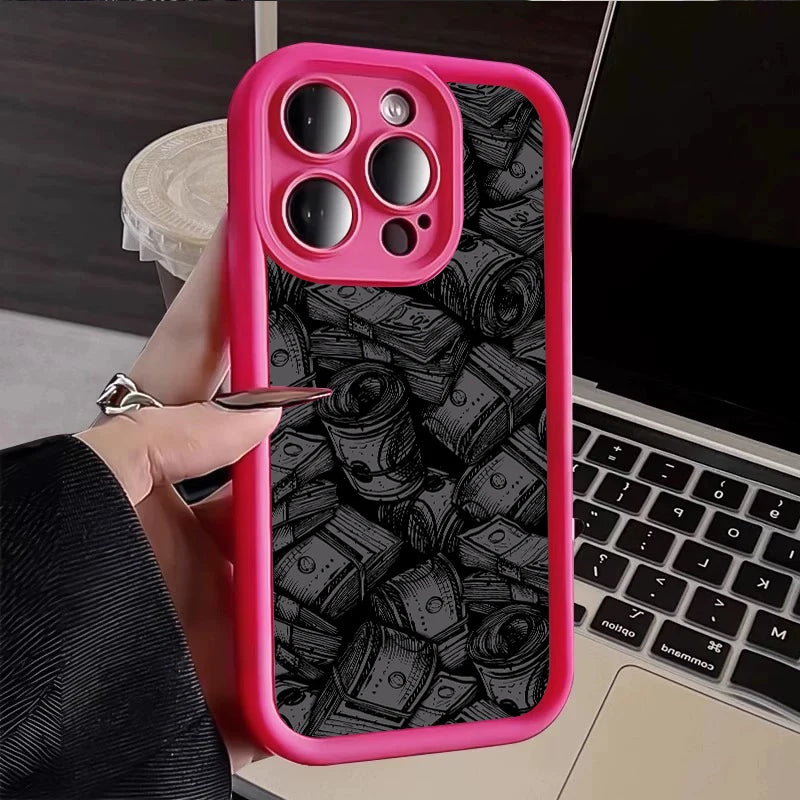 Pink Dollars Full-Coverage Banknote Design Silicone Phone Case For iPhone 16 15 14 13 12 11 Pro Max X XS XR 7 8 Plus Cover