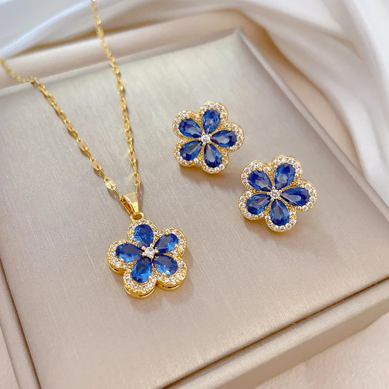 1– Stainless Steel Cherry Flower Pendant Necklace Earrings Ear Sets Wedding Bridal Cubic Zirconia Crystal Jewelry Sets Wholesale