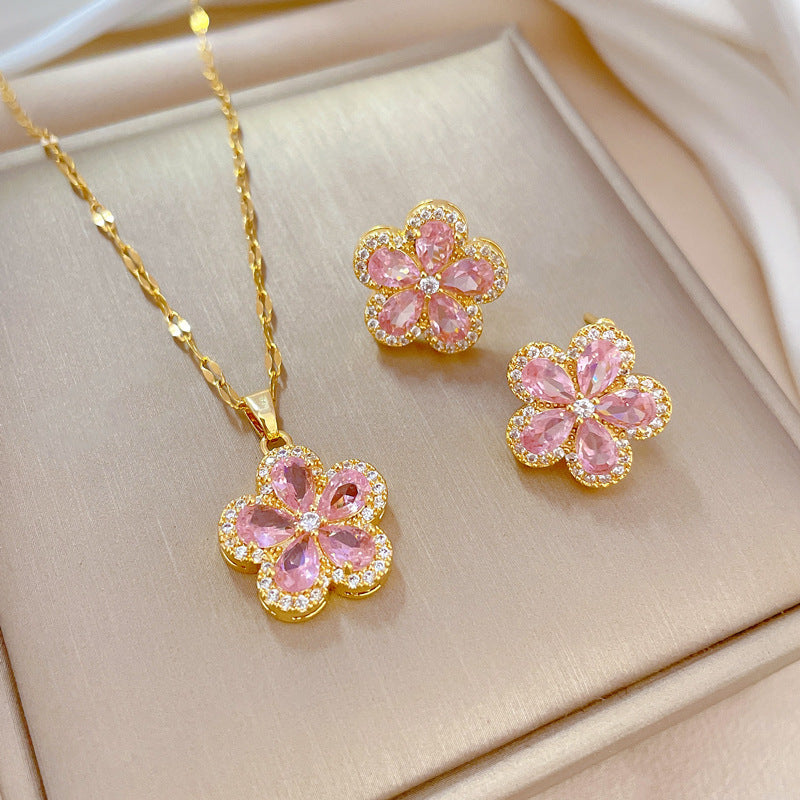 1– Stainless Steel Cherry Flower Pendant Necklace Earrings Ear Sets Wedding Bridal Cubic Zirconia Crystal Jewelry Sets Wholesale