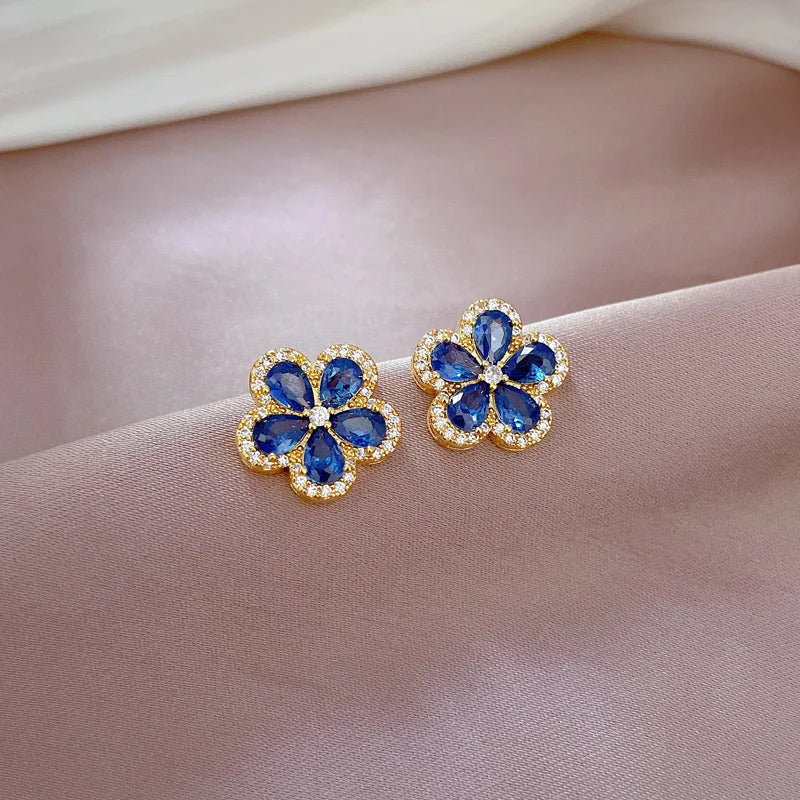 1– Stainless Steel Cherry Flower Pendant Necklace Earrings Ear Sets Wedding Bridal Cubic Zirconia Crystal Jewelry Sets Wholesale