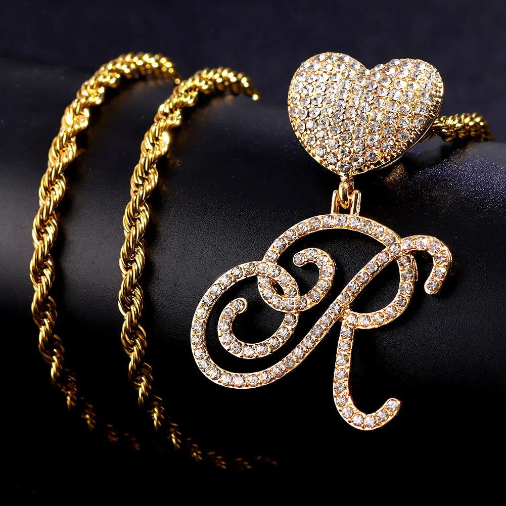 6– New A-Z Cursive Letter Heart Pendant Iced Out Cuban Necklace For Women Initial Zircon Link Chain Necklace Choker Hip hop Jewelry