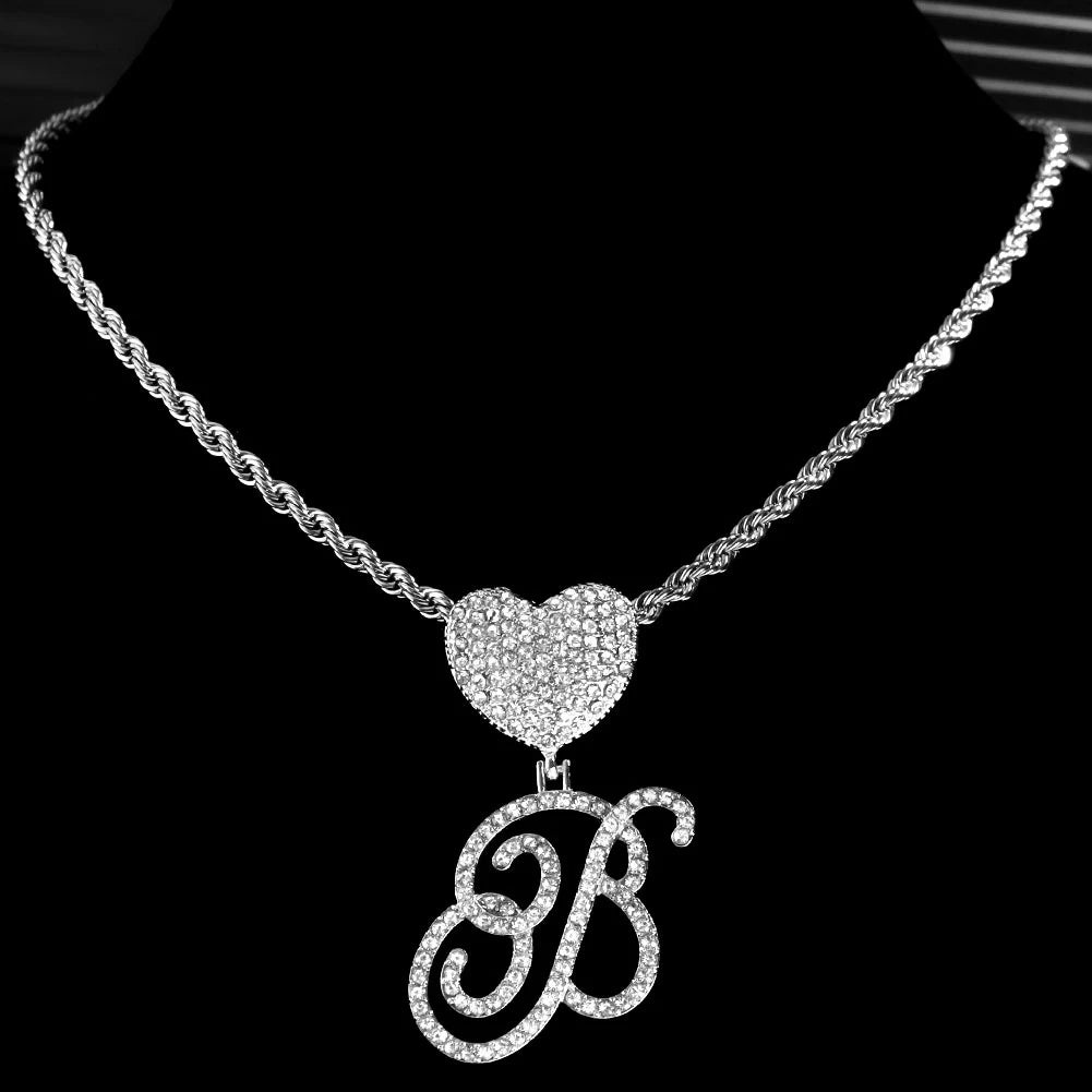6– New A-Z Cursive Letter Heart Pendant Iced Out Cuban Necklace For Women Initial Zircon Link Chain Necklace Choker Hip hop Jewelry