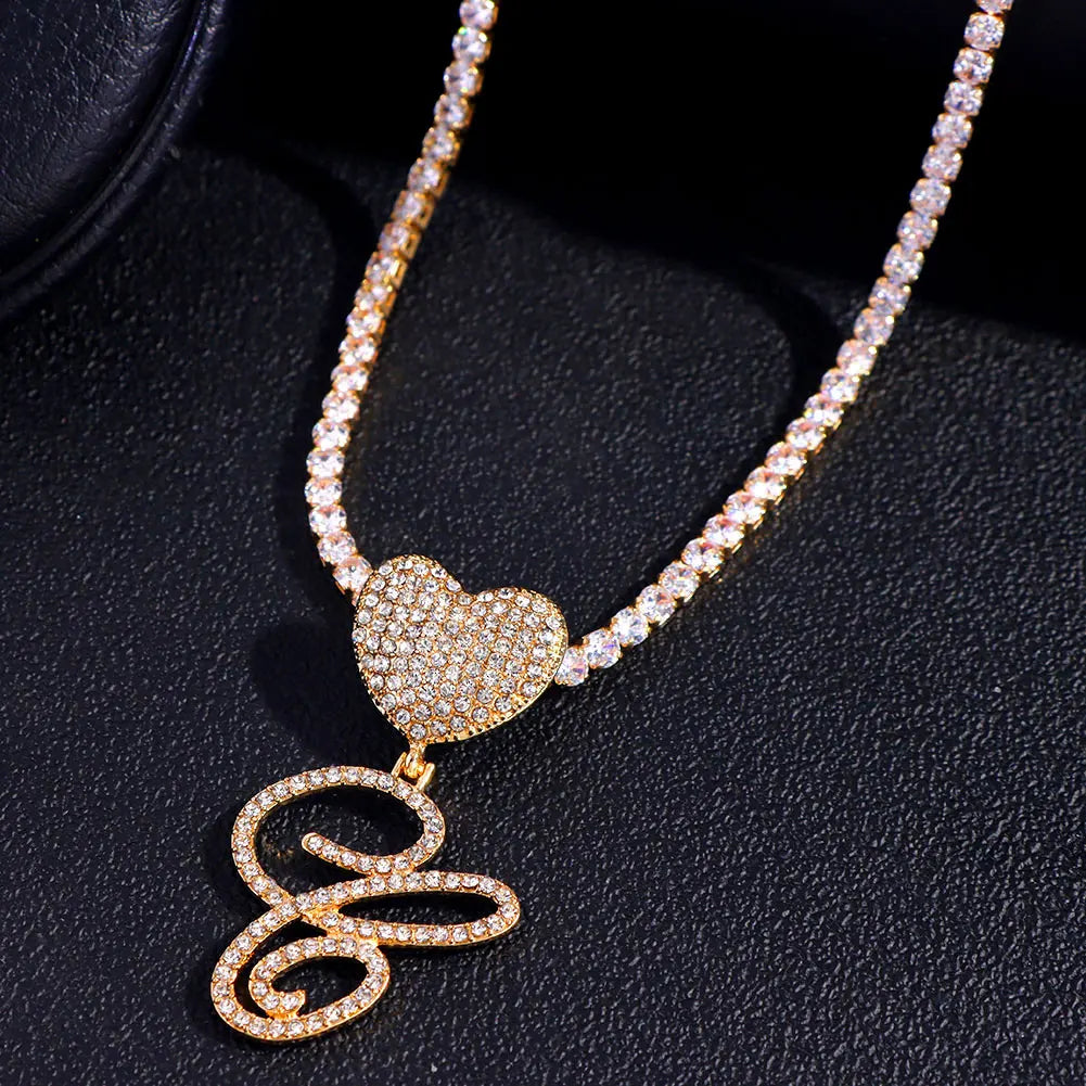 6– New A-Z Cursive Letter Heart Pendant Iced Out Cuban Necklace For Women Initial Zircon Link Chain Necklace Choker Hip hop Jewelry