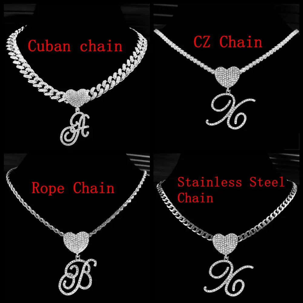 6– New A-Z Cursive Letter Heart Pendant Iced Out Cuban Necklace For Women Initial Zircon Link Chain Necklace Choker Hip hop Jewelry