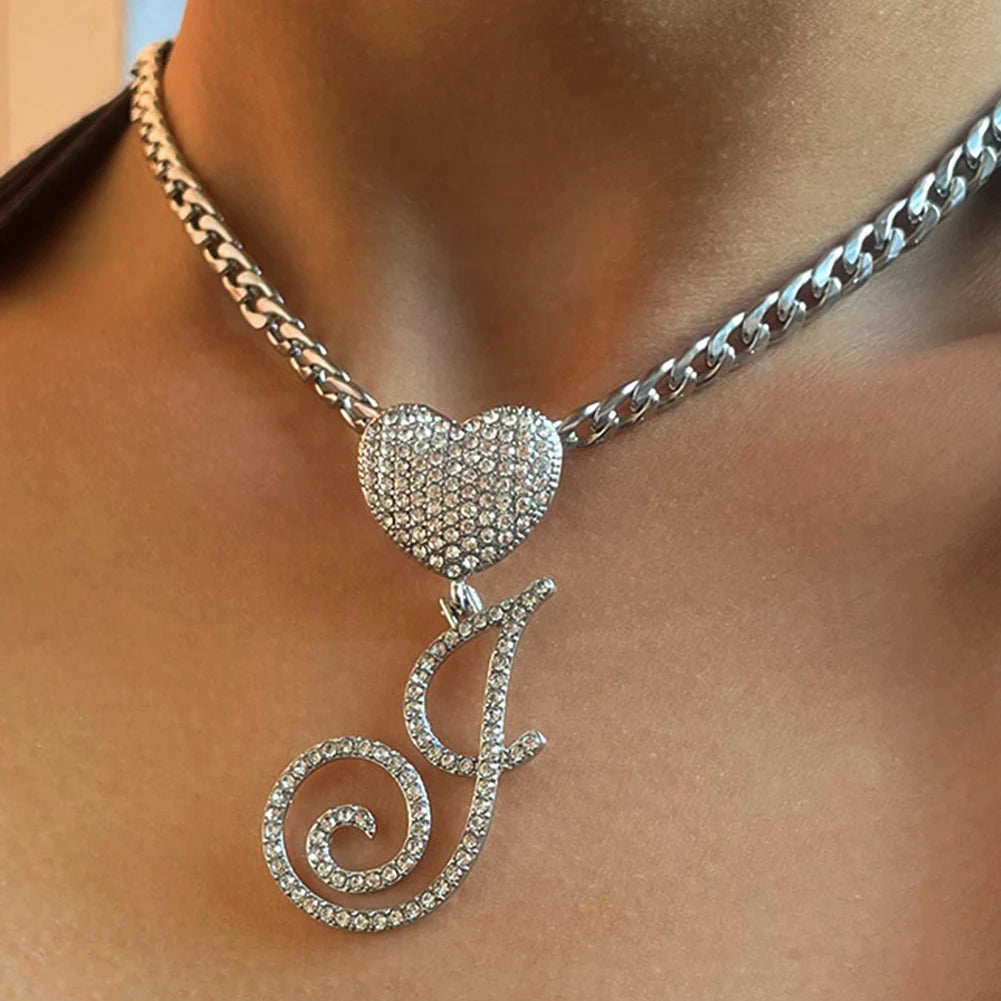 6– New A-Z Cursive Letter Heart Pendant Iced Out Cuban Necklace For Women Initial Zircon Link Chain Necklace Choker Hip hop Jewelry