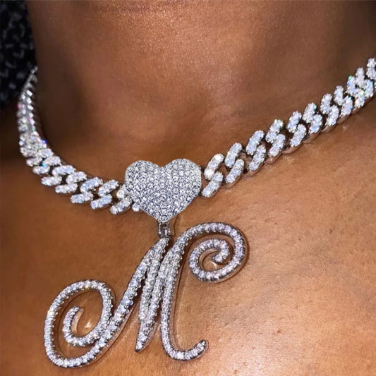 6– New A-Z Cursive Letter Heart Pendant Iced Out Cuban Necklace For Women Initial Zircon Link Chain Necklace Choker Hip hop Jewelry