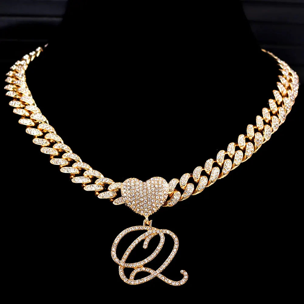 6– New A-Z Cursive Letter Heart Pendant Iced Out Cuban Necklace For Women Initial Zircon Link Chain Necklace Choker Hip hop Jewelry