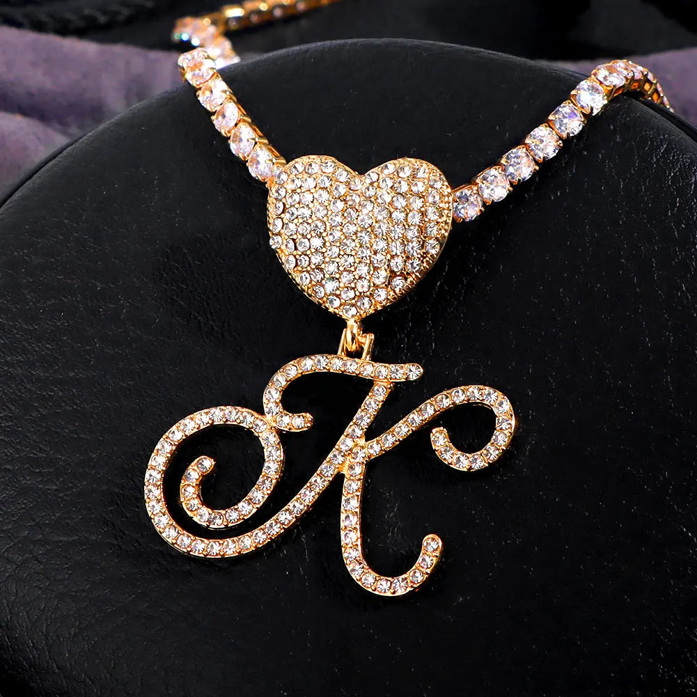 6– New A-Z Cursive Letter Heart Pendant Iced Out Cuban Necklace For Women Initial Zircon Link Chain Necklace Choker Hip hop Jewelry