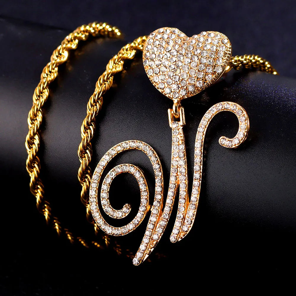 6– New A-Z Cursive Letter Heart Pendant Iced Out Cuban Necklace For Women Initial Zircon Link Chain Necklace Choker Hip hop Jewelry