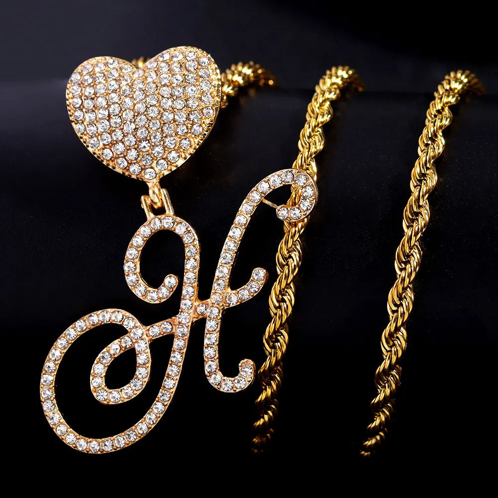 6– New A-Z Cursive Letter Heart Pendant Iced Out Cuban Necklace For Women Initial Zircon Link Chain Necklace Choker Hip hop Jewelry