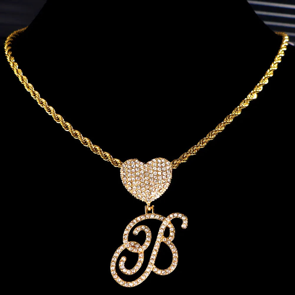 6– New A-Z Cursive Letter Heart Pendant Iced Out Cuban Necklace For Women Initial Zircon Link Chain Necklace Choker Hip hop Jewelry