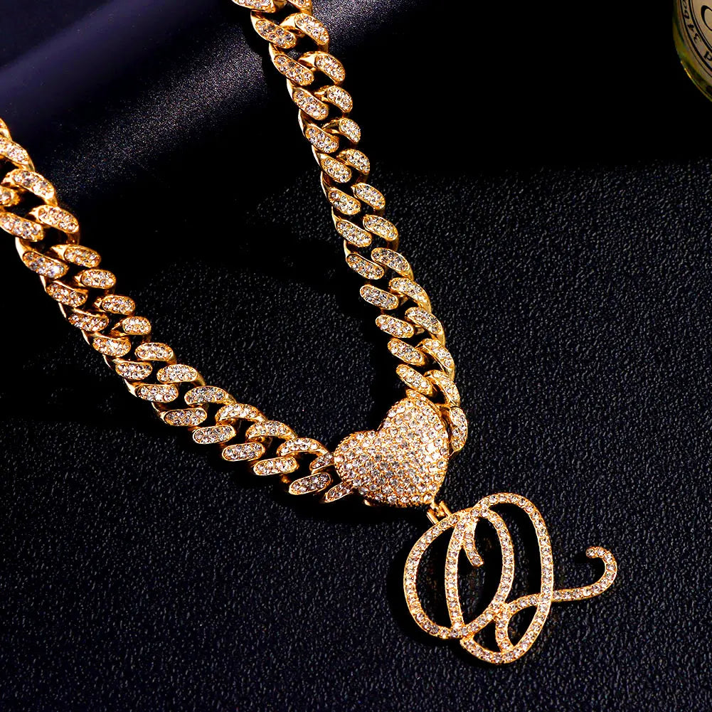 6– New A-Z Cursive Letter Heart Pendant Iced Out Cuban Necklace For Women Initial Zircon Link Chain Necklace Choker Hip hop Jewelry