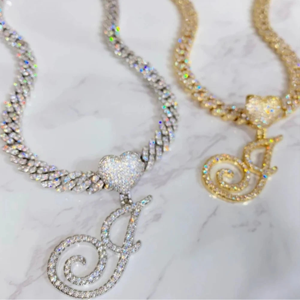 6– New A-Z Cursive Letter Heart Pendant Iced Out Cuban Necklace For Women Initial Zircon Link Chain Necklace Choker Hip hop Jewelry