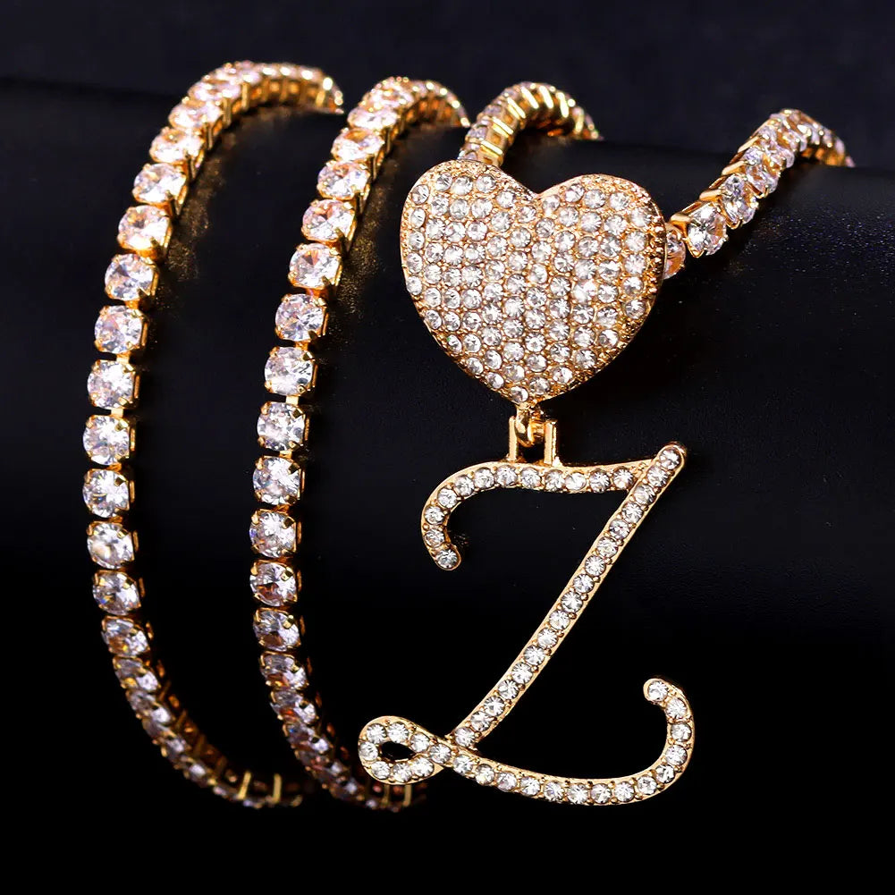6– New A-Z Cursive Letter Heart Pendant Iced Out Cuban Necklace For Women Initial Zircon Link Chain Necklace Choker Hip hop Jewelry