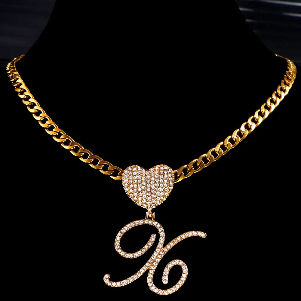 6– New A-Z Cursive Letter Heart Pendant Iced Out Cuban Necklace For Women Initial Zircon Link Chain Necklace Choker Hip hop Jewelry
