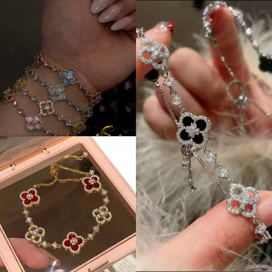 2– Fashion Shell Stone Crystal Pink Mother-Of-Pearl Four-Leaf Clover Bracelet For Women Personalized Vintage Jewelry Accessories