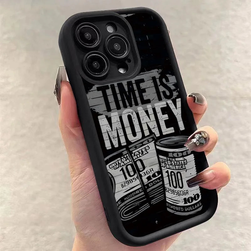 Luxury Phone Case For iPhone 16 15 14 12 11 13 Pro Max Time is Money Printed Soft Cover For iPhone 7 8 15 16 Plus X XS Case