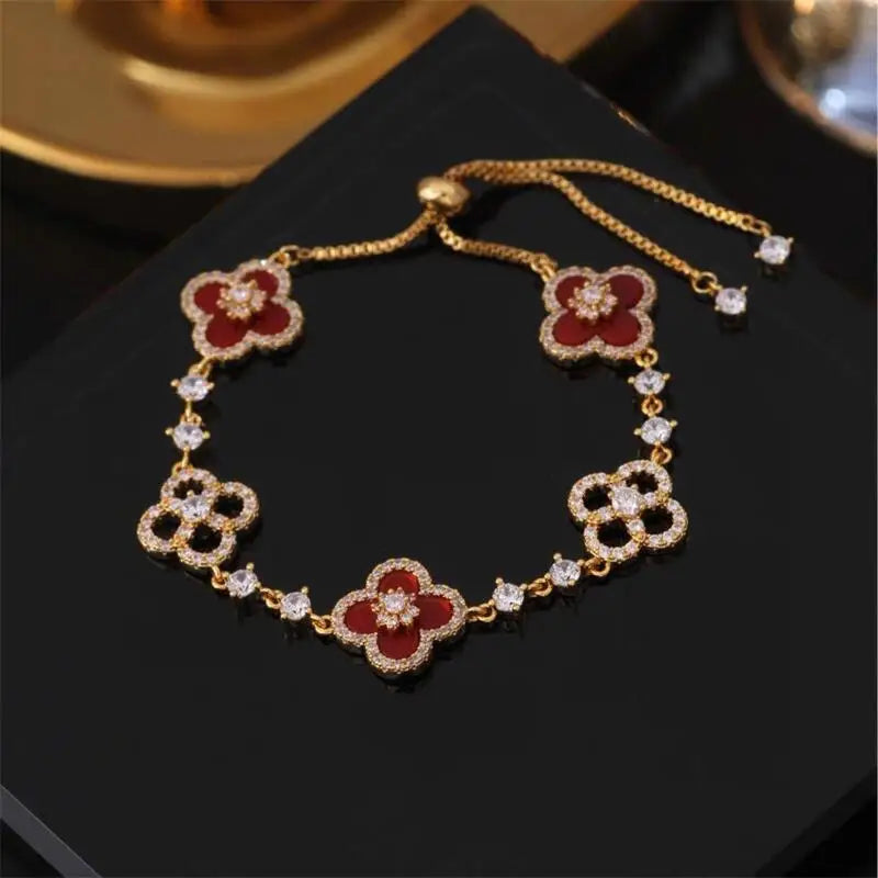 2– Fashion Shell Stone Crystal Pink Mother-Of-Pearl Four-Leaf Clover Bracelet For Women Personalized Vintage Jewelry Accessories