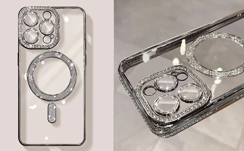High-grade Glitter Rhinestones Phone Case For iPhone 16 15 11 12 13 14 Pro Max 16 Plus Magsafe Magnetic Clear Lens Protect Cover