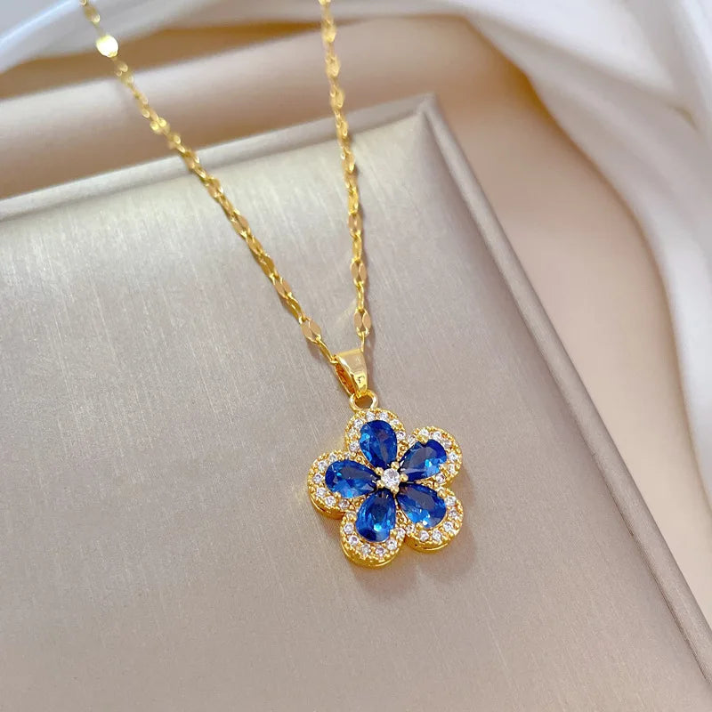 1– Stainless Steel Cherry Flower Pendant Necklace Earrings Ear Sets Wedding Bridal Cubic Zirconia Crystal Jewelry Sets Wholesale