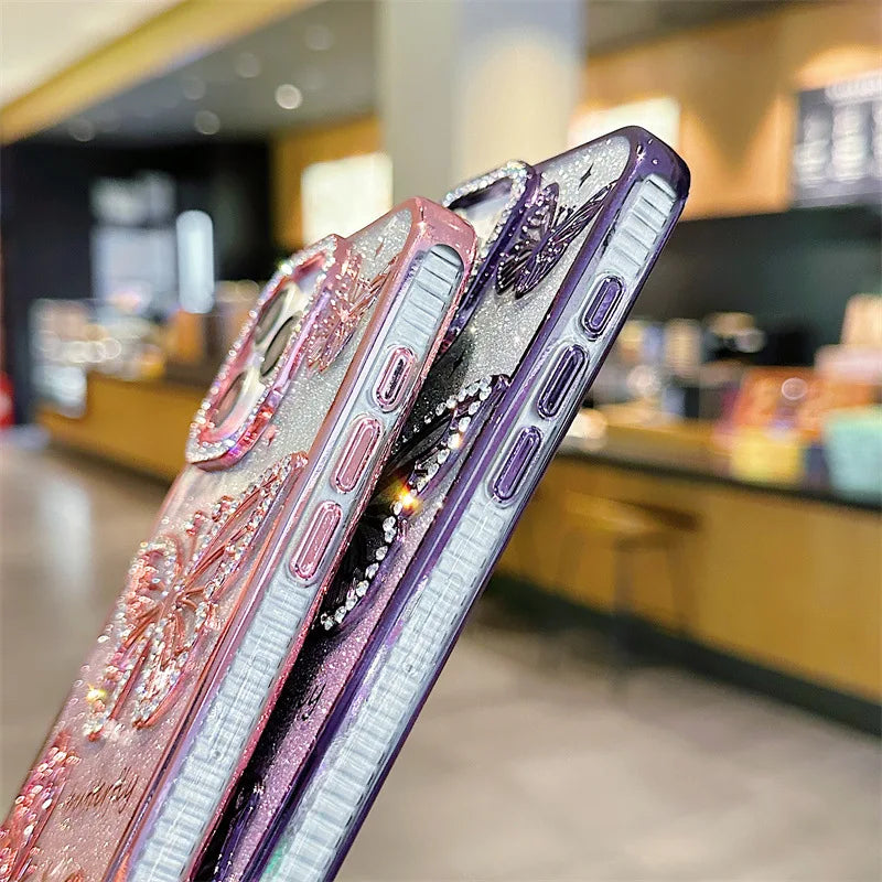 Luxury 3D Glitter Diamond Butterfly Gradient Plating Phone Case For iPhone 16 14 15 13 12 11 Pro Max Plus Shockproof Back Cover