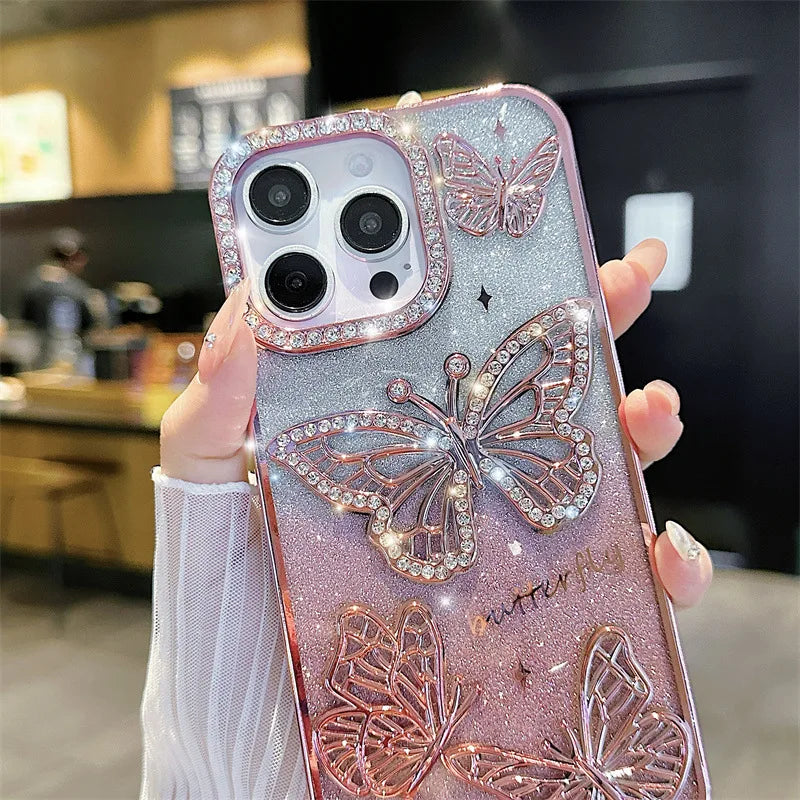 Luxury 3D Glitter Diamond Butterfly Gradient Plating Phone Case For iPhone 16 14 15 13 12 11 Pro Max Plus Shockproof Back Cover