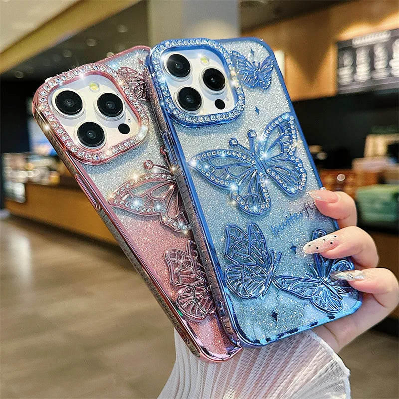 Luxury 3D Glitter Diamond Butterfly Gradient Plating Phone Case For iPhone 16 14 15 13 12 11 Pro Max Plus Shockproof Back Cover